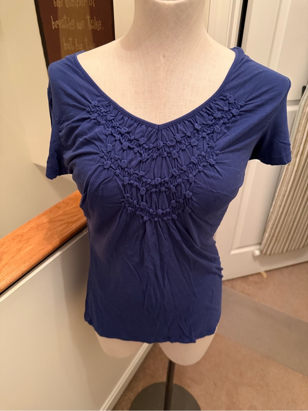 Kenar Short-Sleeve Smocked V-Neck Top - Blue